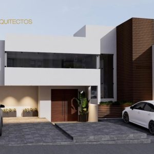 Fachada de casa moderna de 2 niveles con muros blancos, acento de madera y doble cochera. Proyecto arquitectónico por MMS Arquitectos en Estado de México y Ciudad de México