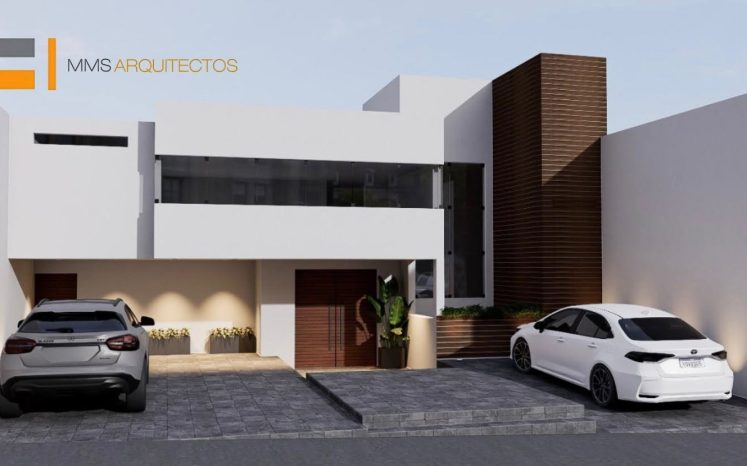 Fachada de casa moderna de 2 niveles con muros blancos, acento de madera y doble cochera. Proyecto arquitectónico por MMS Arquitectos en Estado de México y Ciudad de México