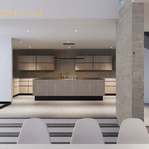 Cocina con isla, comedor, escalera y patio interior con árbol. Diseño interior minimalista por MMS Arquitectos en Estado de México y Ciudad de México