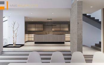 Cocina con isla, comedor, escalera y patio interior con árbol. Diseño interior minimalista por MMS Arquitectos en Estado de México y Ciudad de México