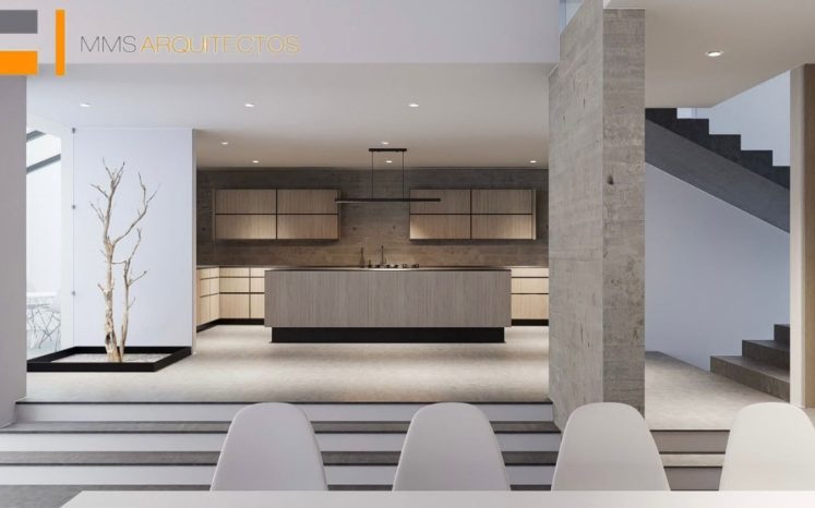 Cocina con isla, comedor, escalera y patio interior con árbol. Diseño interior minimalista por MMS Arquitectos en Estado de México y Ciudad de México