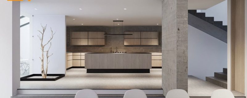 Cocina con isla, comedor, escalera y patio interior con árbol. Diseño interior minimalista por MMS Arquitectos en Estado de México y Ciudad de México