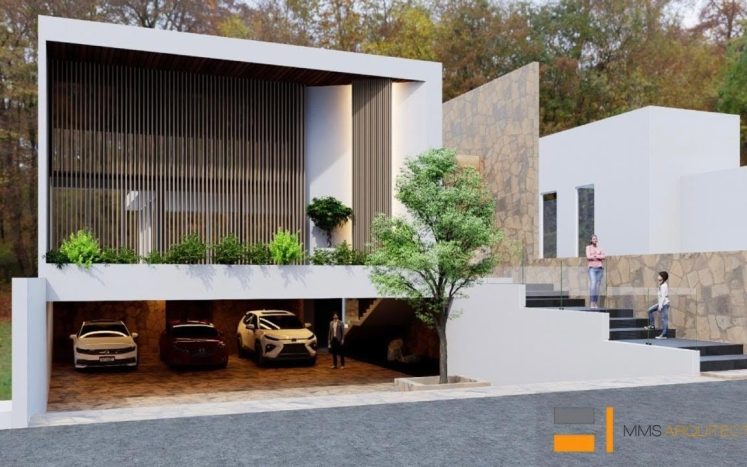 Fachada de casa residencial moderna con cochera MMS Arquitectos