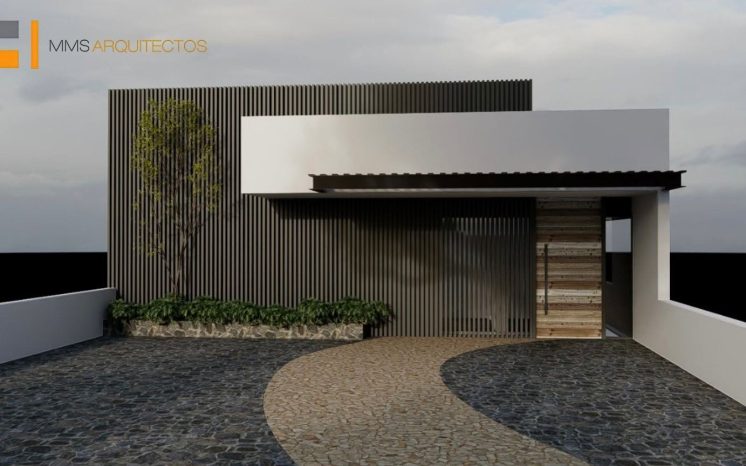 Fachada de casa moderna con celosía de madera MMS Arquitectos