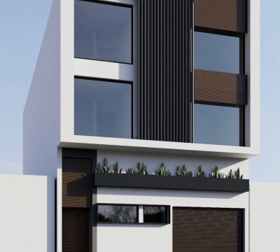 Fachada minimalista de casa moderna de 3 niveles con concreto blanco, celosía, ventanales y jardinera. Diseño arquitectónico por MMS Arquitectos en Estado de México y Ciudad de México
