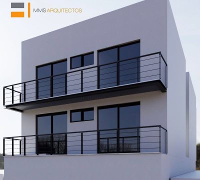 Fachada de edificio residencial de 2 niveles con balcones y ventanales. Diseño arquitectónico por MMS Arquitectos en Estado de México y Ciudad de México