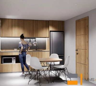 Cocina integral y comedor de minisuite con muebles de madera, mesa redonda y sillas blancas. Diseño interior por MMS Arquitectos en Estado de México y Ciudad de México