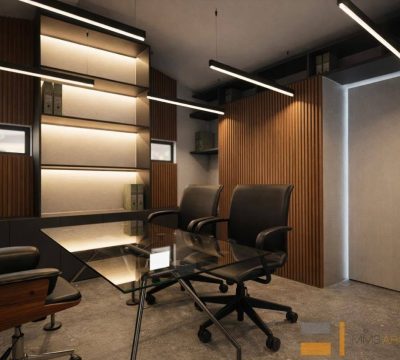 Diseño de oficina privada con librero iluminado MMS Arquitectos