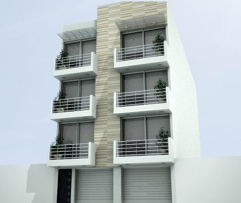 Render de fachada de edificio multifamiliar de 4 niveles MMS Arquitectos