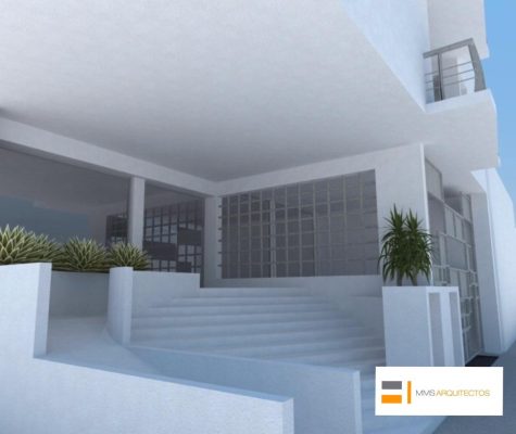 Render de entrada principal y acceso de edificio residencial MMS Arquitectos