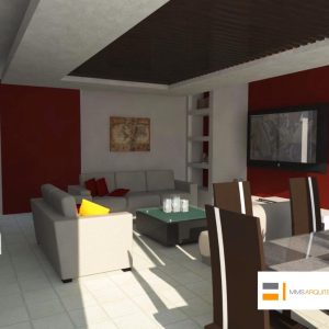 Render de comedor y sala con muro acento rojo diseño contemporáneo MMS Arquitectos
