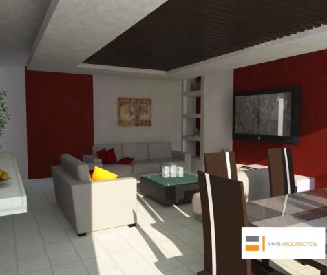 Render de diseño de interiores integral cocina comedor y sala MMS Arquitectos