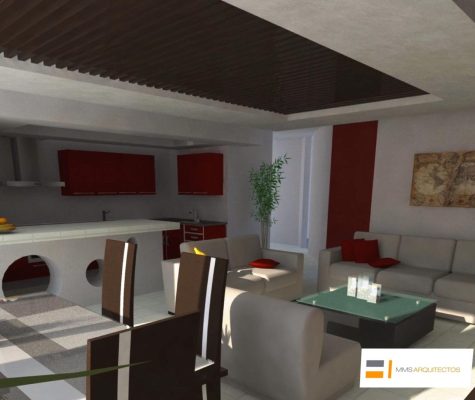 Render de diseño de interiores sala comedor cocina MMS Arquitectos CDMX