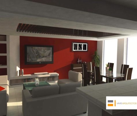 Render vista comedor y sala diseño interior contemporáneo MMS Arquitectos CDMX