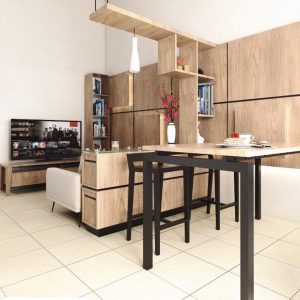 Diseño interior de casa con barra desayunador y sala integrada MMS Arquitectos