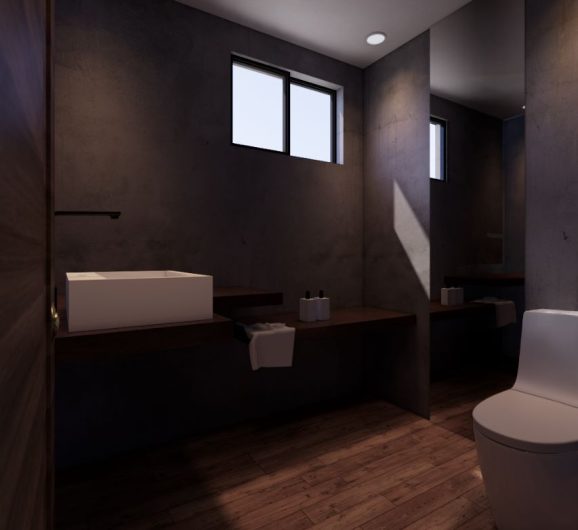 Baño moderno con piso tipo madera, muros oscuros, lavabo sobre cubierta y ventanal. Diseño interior por MMS Arquitectos en Estado de México y Ciudad de México ¿O ya te armo el Excel con todas para que las subas a Elementor en lote?