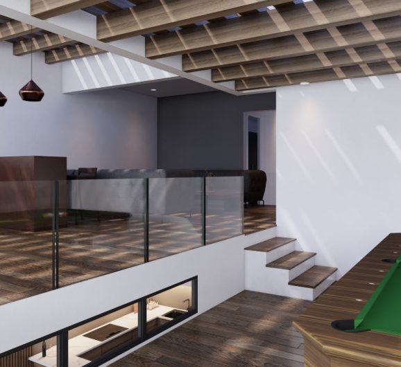 Terraza con área de juegos, mesa de billar, pergolado de madera y bar. Diseño arquitectónico por MMS Arquitectos en Estado de México y Ciudad de México