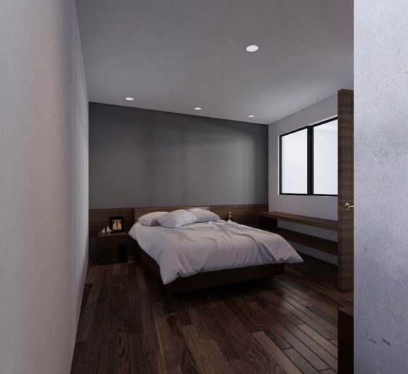 Diseño de recámara principal con piso de madera y cabecero integrado MMS Arquitectos