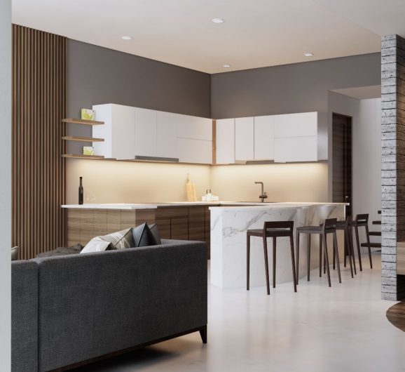 Diseño de cocina integral con isla y sala integrada MMS Arquitectos
