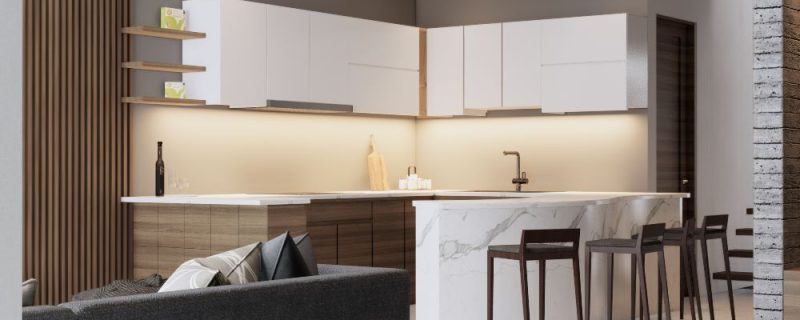 Diseño de cocina integral con isla y sala integrada MMS Arquitectos