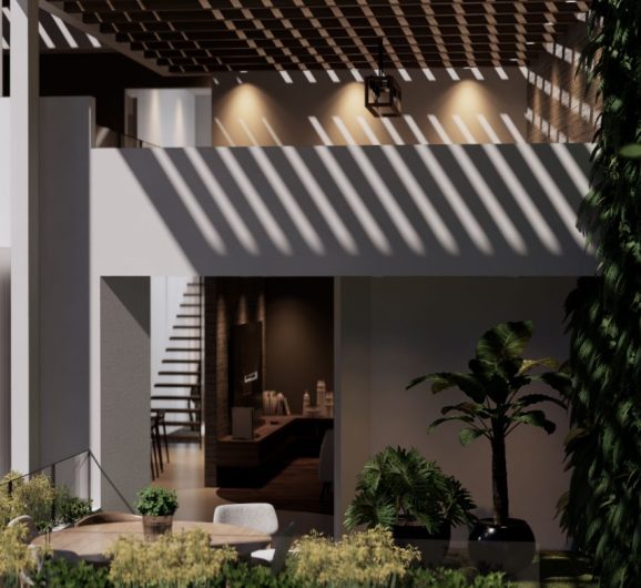 Diseño de terraza con pérgola de madera y jardín MMS Arquitectos