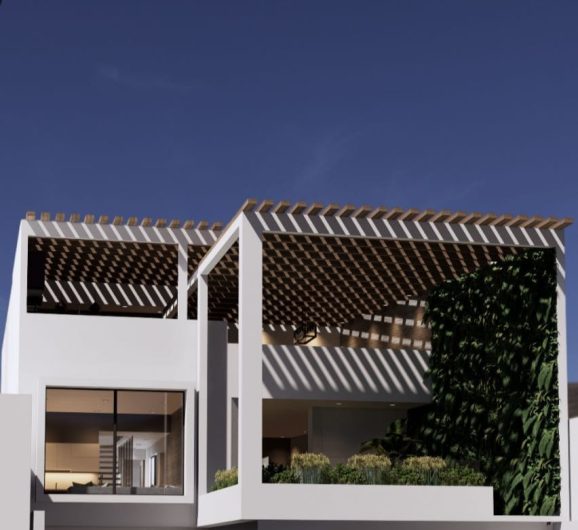 Fachada de casa moderna con pérgola y muro verde MMS Arquitectos
