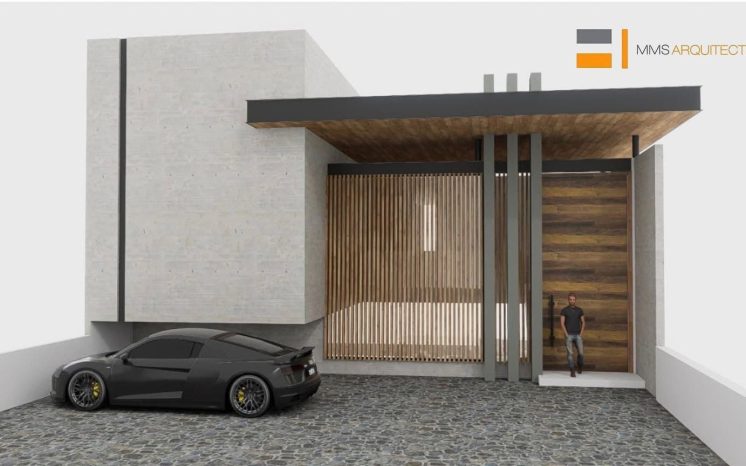 Fachada minimalista de casa moderna con concreto aparente, celosía de madera y cochera. Diseño arquitectónico por MMS Arquitectos en Estado de México y Ciudad de México