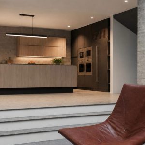 Cocina integral moderna con gabinetes de madera y electrodomésticos empotrados MMS Arquitectos