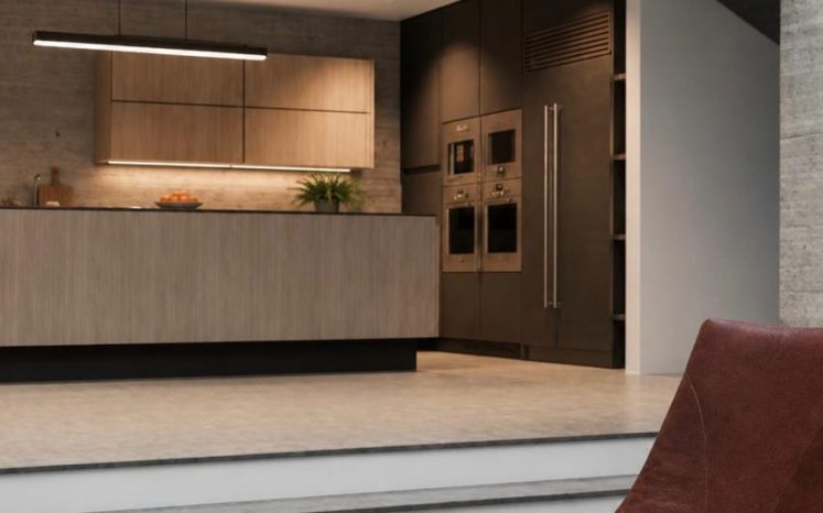Cocina integral moderna con gabinetes de madera y electrodomésticos empotrados MMS Arquitectos