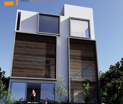Parte trasera de casa minimalista con jardín, ventanales piso a techo y muros de celosía. Diseño arquitectónico por MMS Arquitectos en Estado de México y Ciudad de México