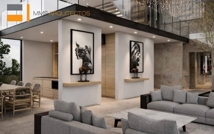 Sala de estar moderna a doble altura con sofás grises, mesa de centro, cuadros y comedor integrado. Diseño interior por MMS Arquitectos en Estado de México y Ciudad de México