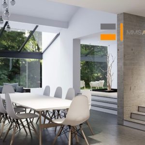Comedor minimalista de 10 personas integrado con sala y ventanales al jardín. Diseño interior por MMS Arquitectos en Estado de México y Ciudad de México