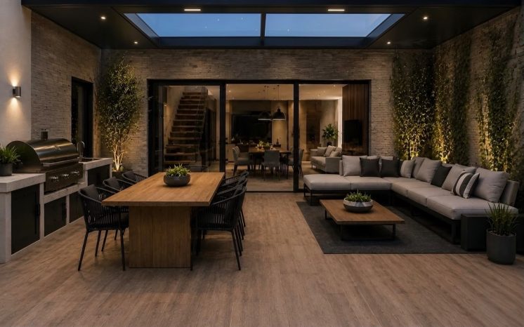 Terraza con asador y sala exterior en casa moderna MMS Arquitectos